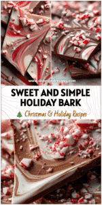 Close-up of Candy Cane Chocolate Bark with melting swirls and crushed candy canes on a festive holiday board.